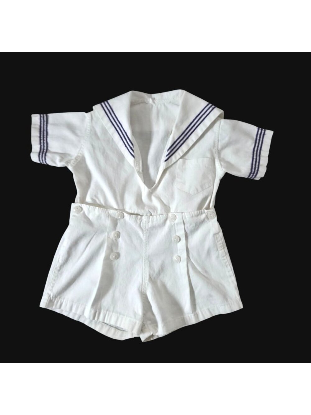 Vintage White Baby Sailor Romper Navy Striped Collar Button Details Short Sleeve
